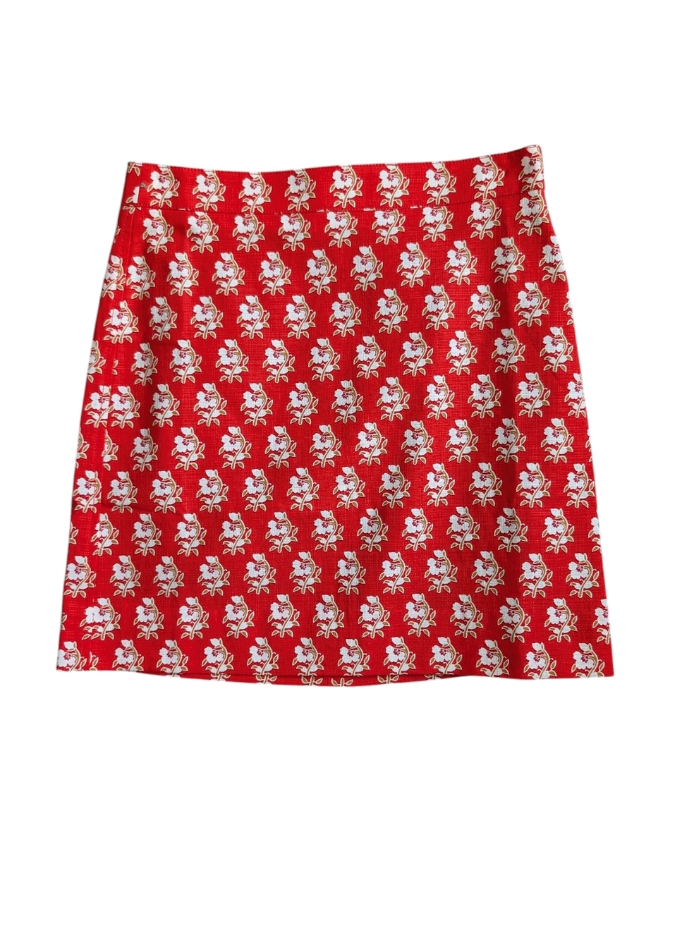 NWT J. Crew Red Stech Grasscloth Mini Skirt with White Floral Print, 2